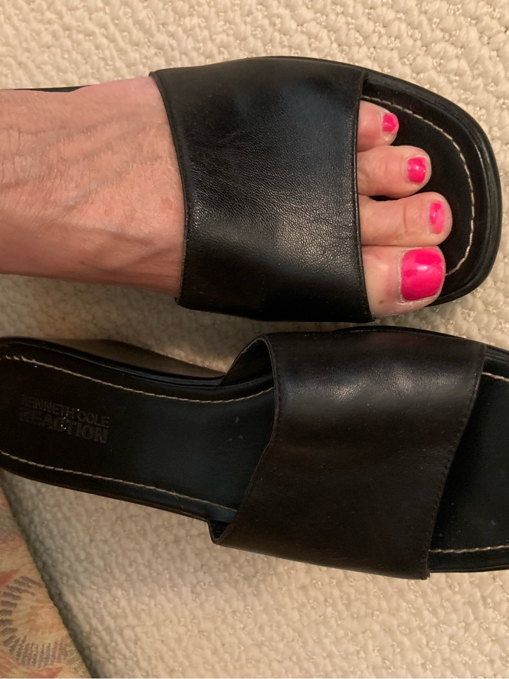 Kenneth Cole Reaction Black Leather Slide Wedge Sandals - Women - Picture 2 of 6